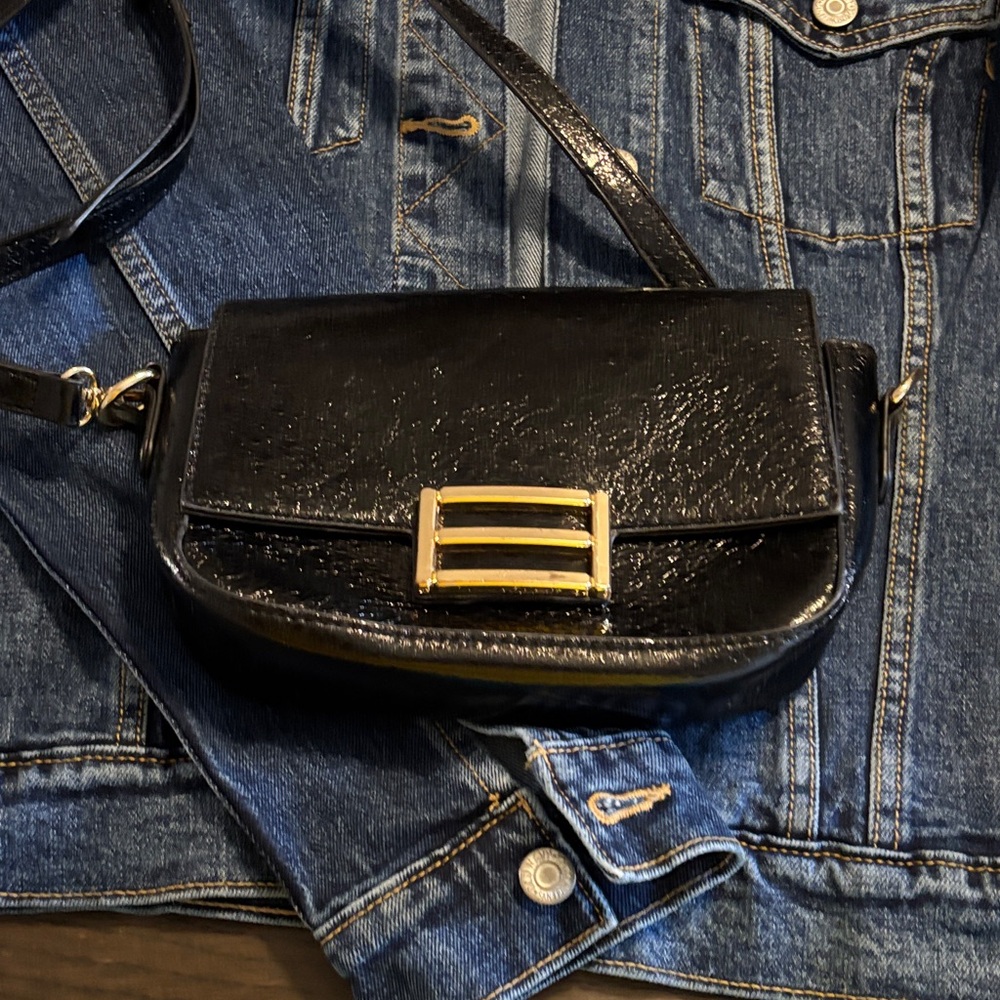 Black Patent Crossbody Bag with Gold Accent